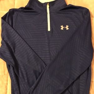 Youth X-large Blue and lime green Under Armour heat gear long sleeve pullover.